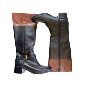 Black & Brown Leather Knee Boots Bandalino Zipper 2" Block Heels *flaw Sz 6